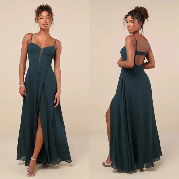 Lulu's Stunning Grace Emerald Green Cutout A-Line Maxi Dress Wedding Party - Picture 1 of 9